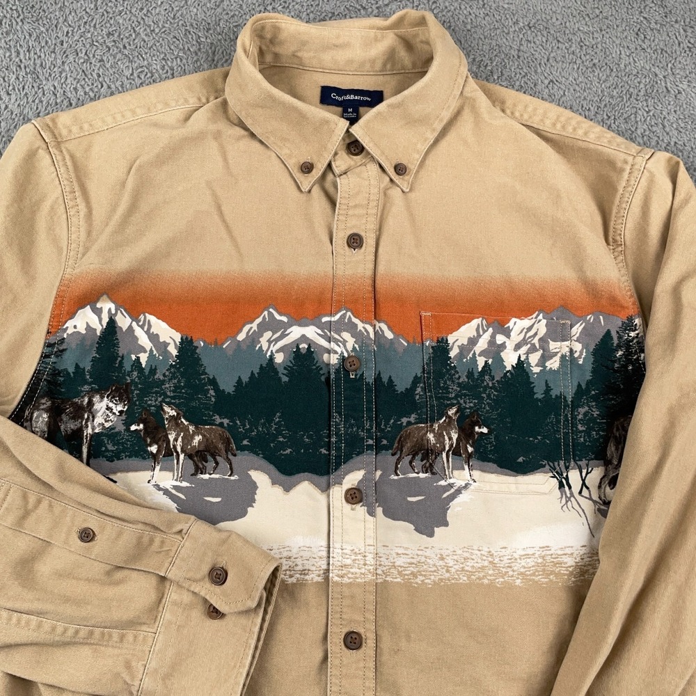 croft & barrow Tan Button-Down Shirt with Mountain & Wolf Print